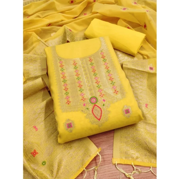 Yellow Banarasi Silk Unstitched Salwar Suit Material with Dupatta