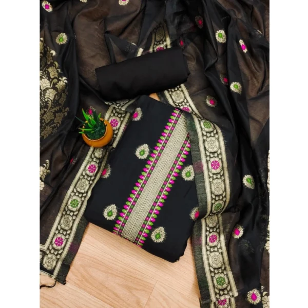 Black Banarasi Silk Unstitched Salwar Suit Material with Dupatta