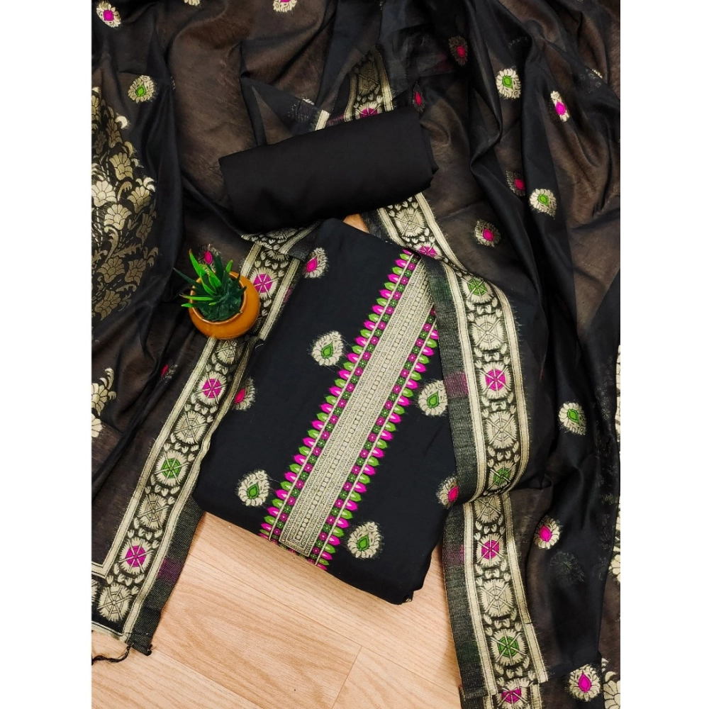 Black Banarasi Silk Unstitched Salwar Suit Material with Dupatta