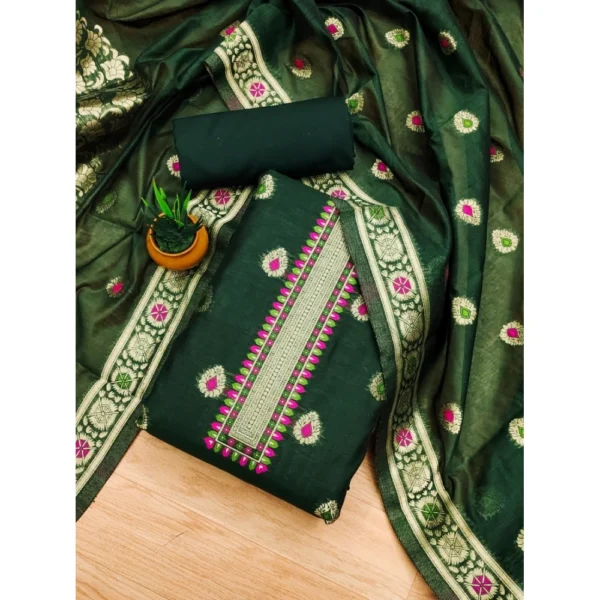 Bottle Green Banarasi Silk Unstitched Salwar Suit Material with Dupatta