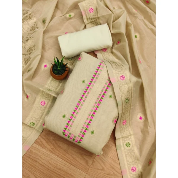 Cream Banarasi Silk Unstitched Salwar Suit Material with Dupatta