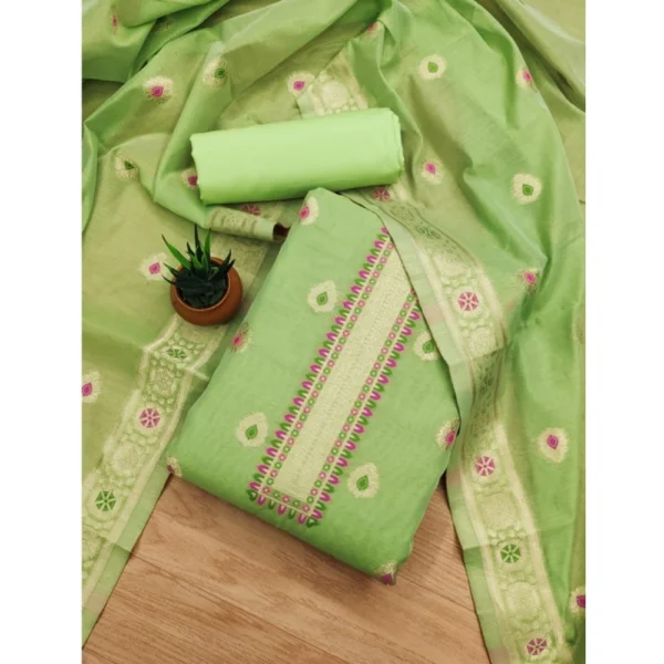 Pista Banarasi Silk Unstitched Salwar Suit Material with Dupatta
