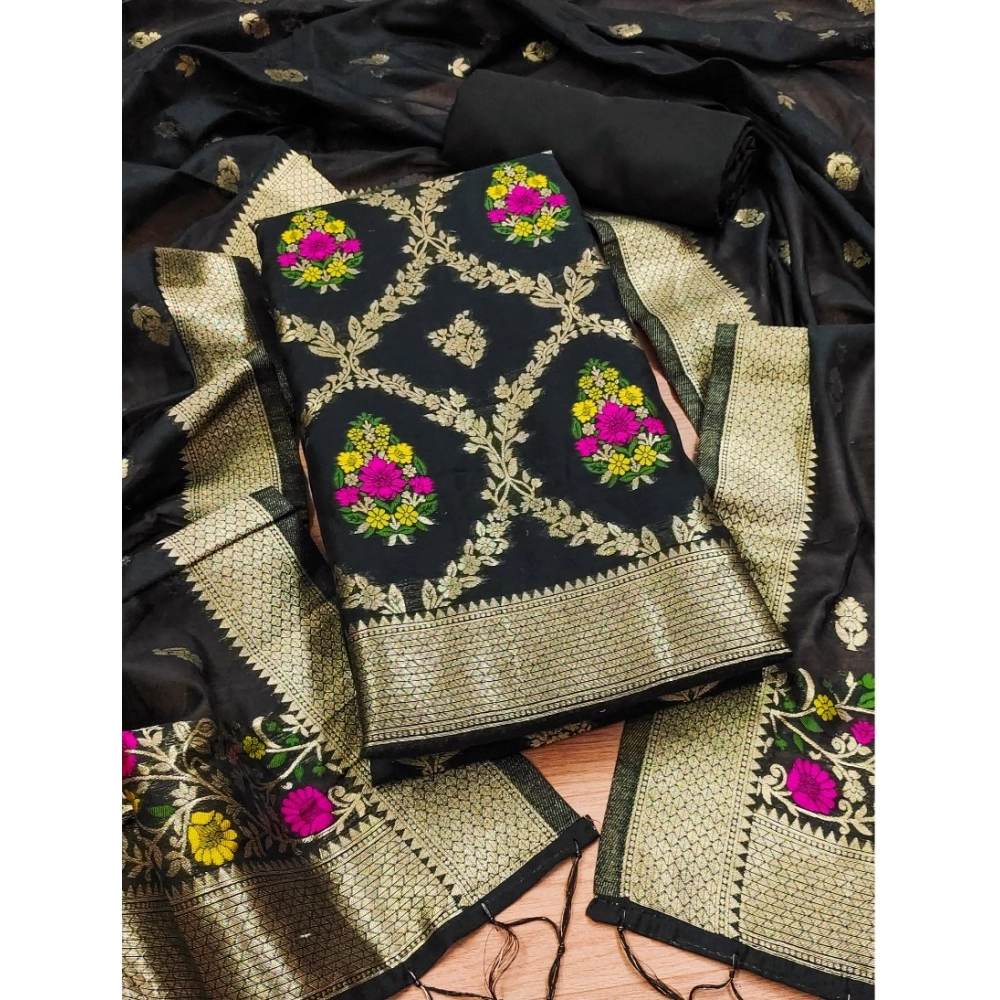 Black Banarasi Silk Unstitched Salwar Suit Material with Dupatta