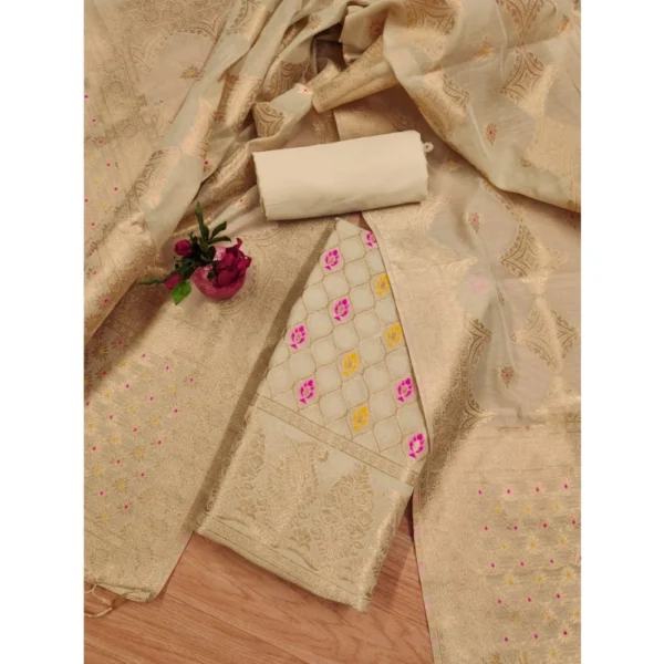 Cream Banarasi Silk Unstitched Salwar Suit Material with Dupatta