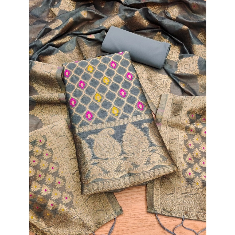 Grey Banarasi Silk Unstitched Salwar Suit Material with Dupatta