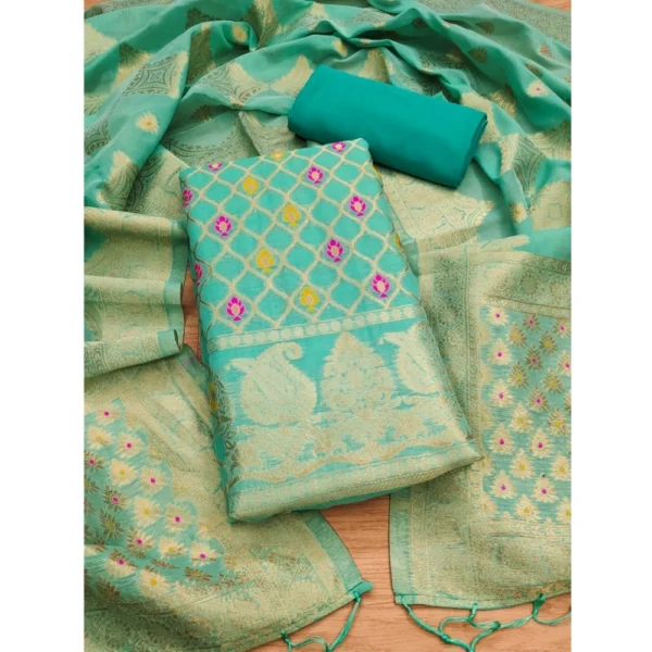 Sea Green Banarasi Silk Unstitched Salwar Suit Material with Dupatta for Women
