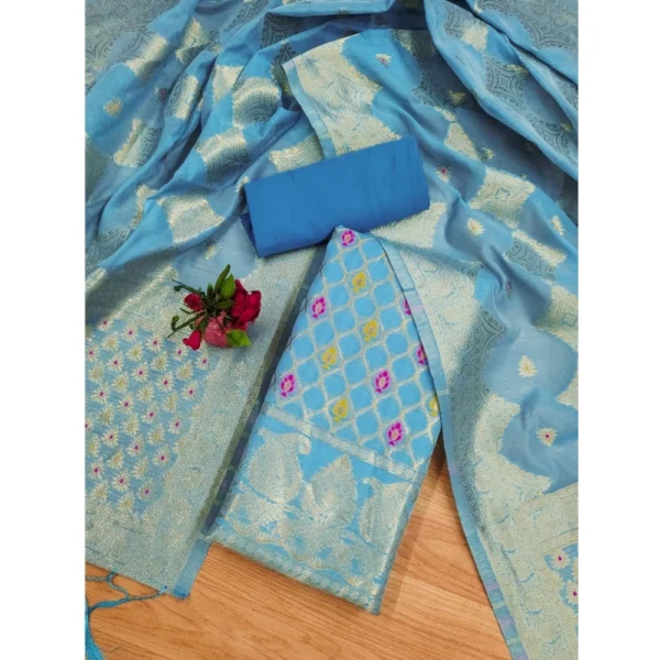 Sky Blue Banarasi Silk Unstitched Salwar Suit Material with Dupatta for Women