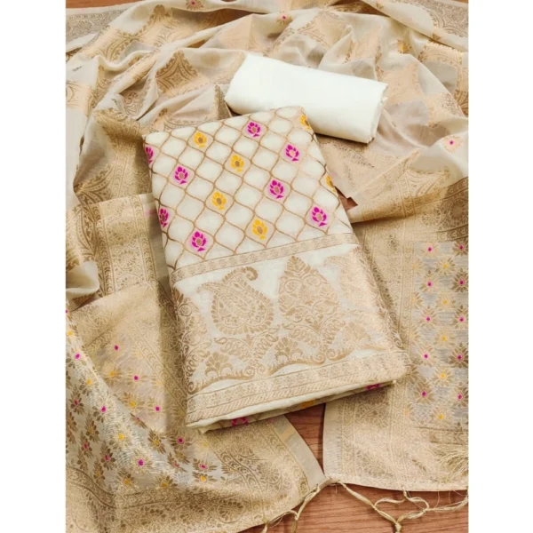 White Banarasi Silk Unstitched Salwar Suit Material with Dupatta for Women