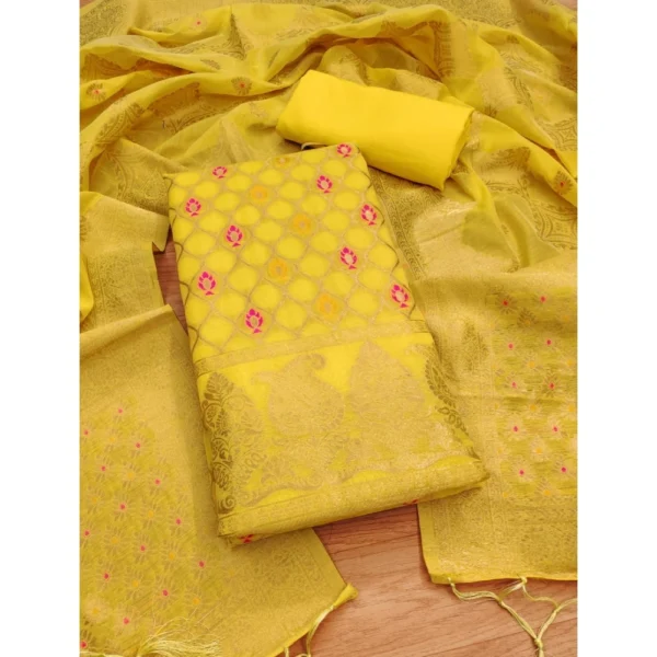 Yellow Banarasi Silk Unstitched Salwar Suit Material with Dupatta for Women