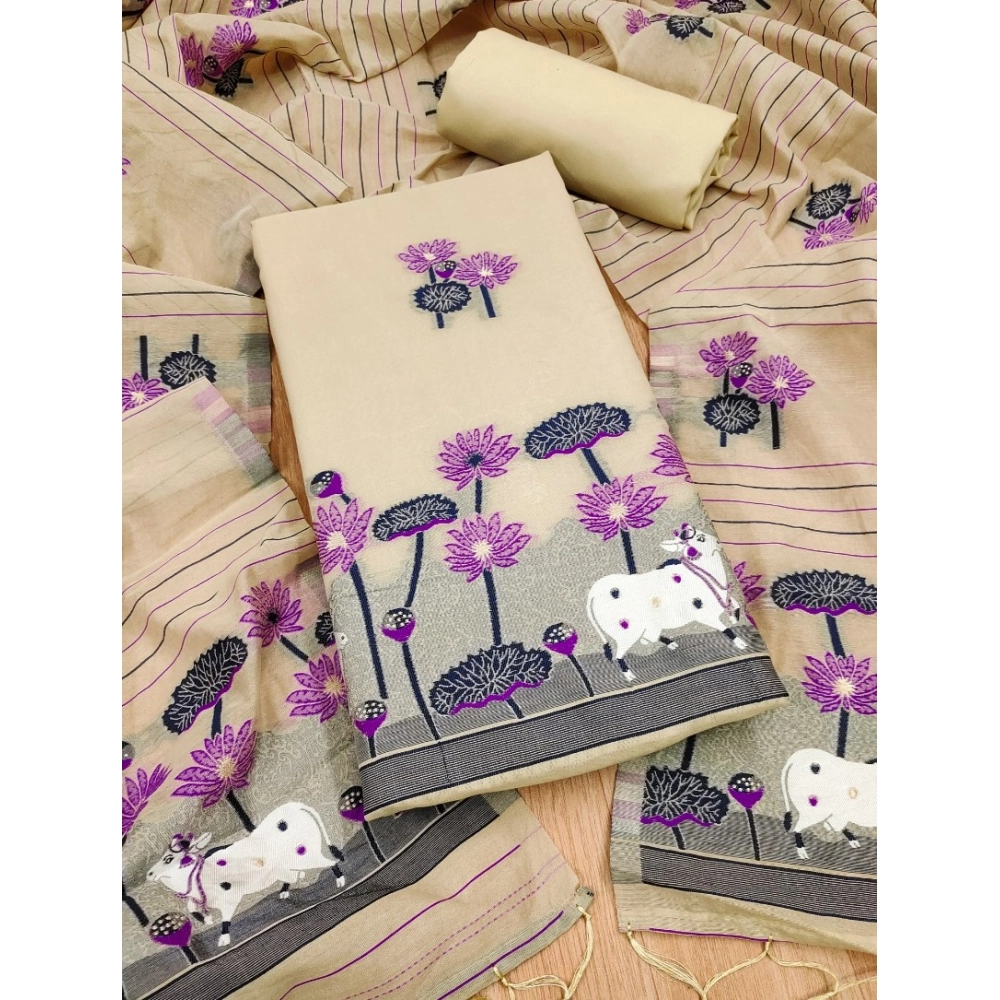 Cream Banarasi Silk Unstitched Salwar Suit Material with Dupatta