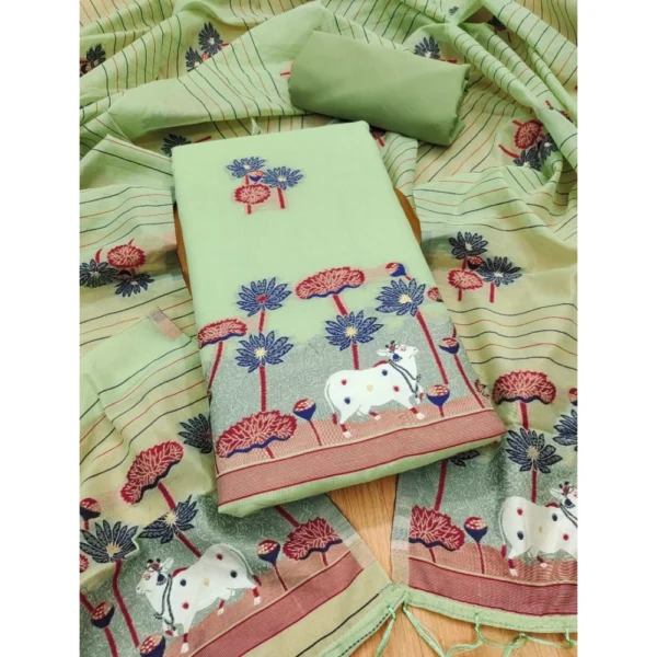 Pista Banarasi Silk Unstitched Salwar Suit Material with Dupatta