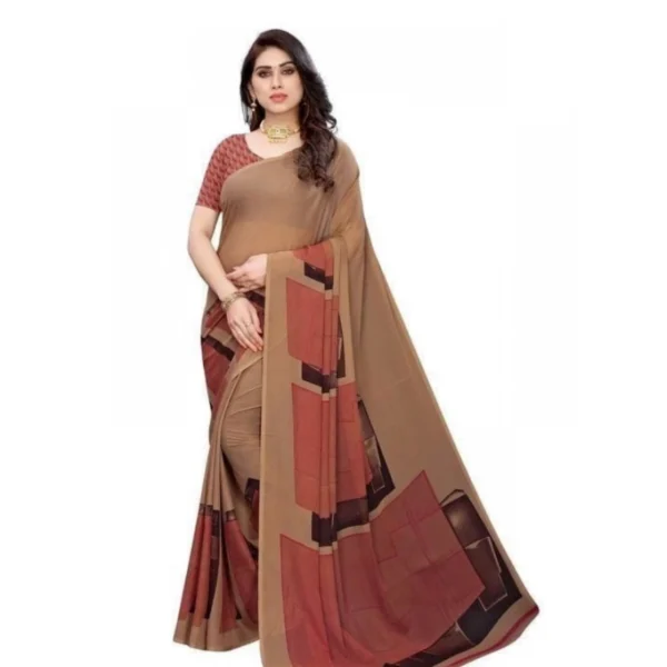 Generic Women's Georgette Printed Saree With Unstitched Blouse 5.5Mtr (Coffee)