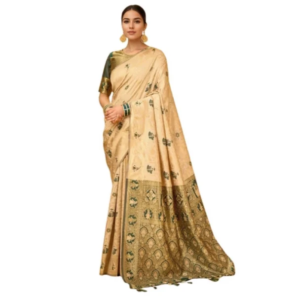 Elegant Cream Silk Blend Paithani Saree