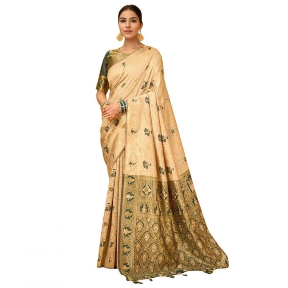Cream Silk Blend Paithani Saree for Women