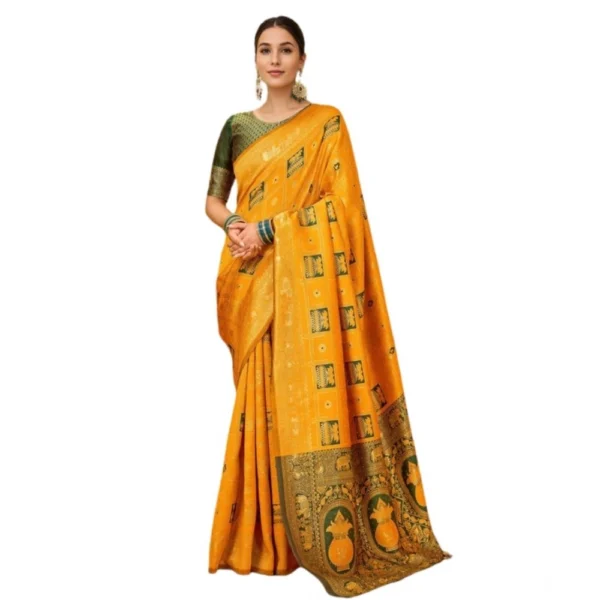 Mustard colored Silk Blend Woven Zari Work Saree with unstitched blouse