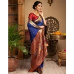 Generic Women's Silk Blend Zari Woven Saree With Unstitched Blouse 5.5Mtr (Navy) - Image 4