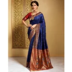 Generic Women's Silk Blend Zari Woven Saree With Unstitched Blouse 5.5Mtr (Navy) - Image 3