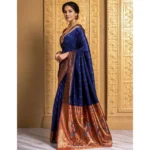 Generic Women's Silk Blend Zari Woven Saree With Unstitched Blouse 5.5Mtr (Navy) - Image 2