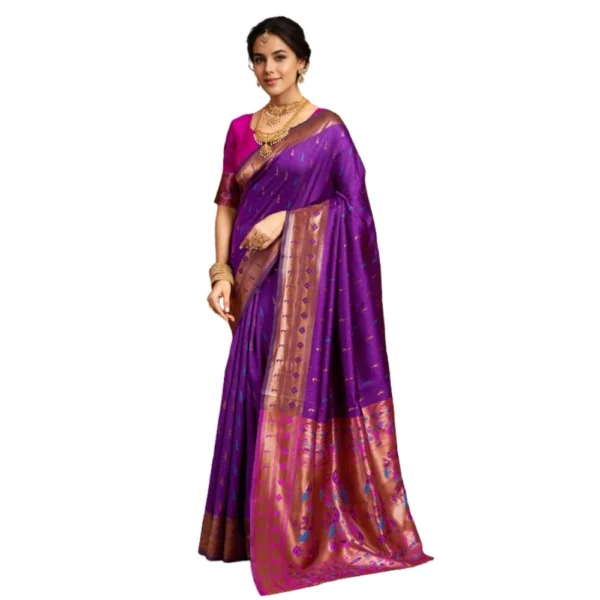 Purple Silk Blend Zari Woven Saree with unstitched blouse