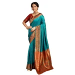 Rama colored Silk Blend Zari Woven Saree with unstitched blouse