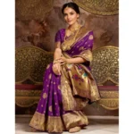 Generic Women's Silk Blend Paithani Saree With Unstitched Blouse 5.5Mtr (Purple) - Image 2