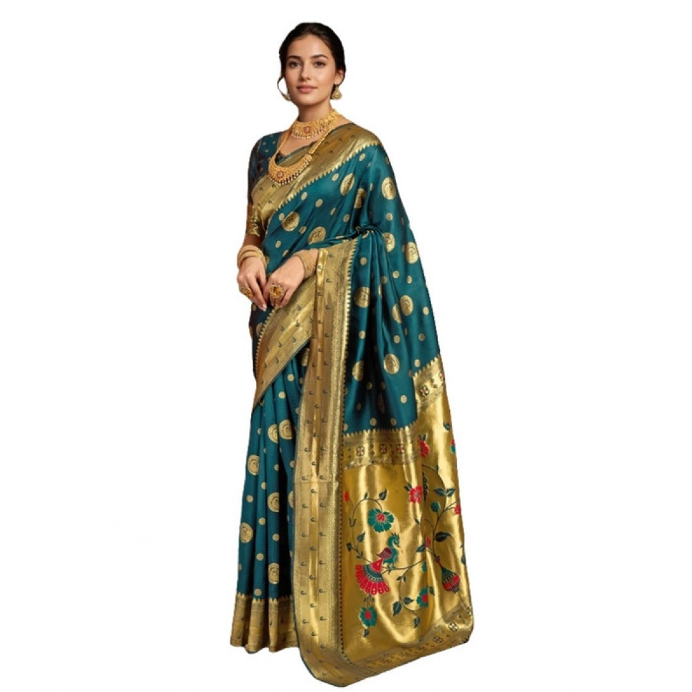 PID-62798-Generic-Women-s-Silk-Blend-Paithani-Saree-With-Unstitched-Blouse-5-5-Mtr-Teal-1-1000x1000-1.webp NariHaat Teal Silk Blend Paithani Saree