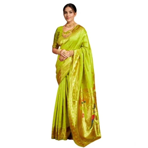 Lime Green Silk Blend Woven Saree