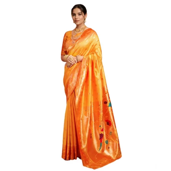 Orange Silk Blend Woven Saree