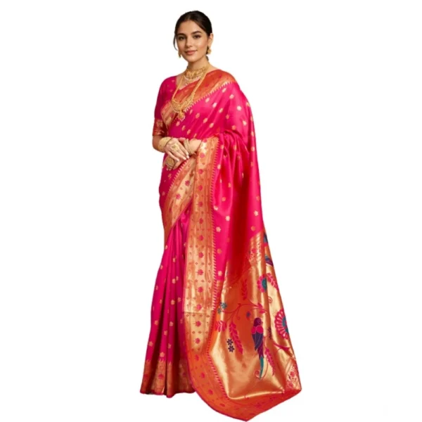 Pink Silk Blend Woven Saree