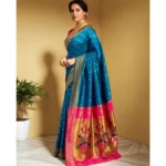 Generic Women's Silk Blend Zari Woven Saree With Unstitched Blouse 5.5Mtr (Aqua) - Image 4