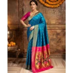 Generic Women's Silk Blend Zari Woven Saree With Unstitched Blouse 5.5Mtr (Aqua) - Image 3
