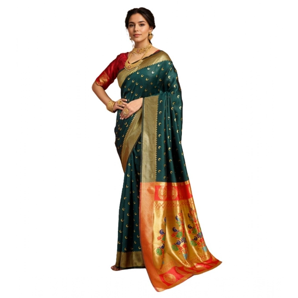 Dark Green Silk Blend Zari Woven Saree for Women