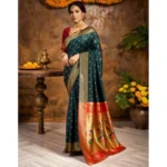 Generic Women's Silk Blend Zari Woven Saree With Unstitched Blouse 5.5Mtr (Dark-Green) - Image 3