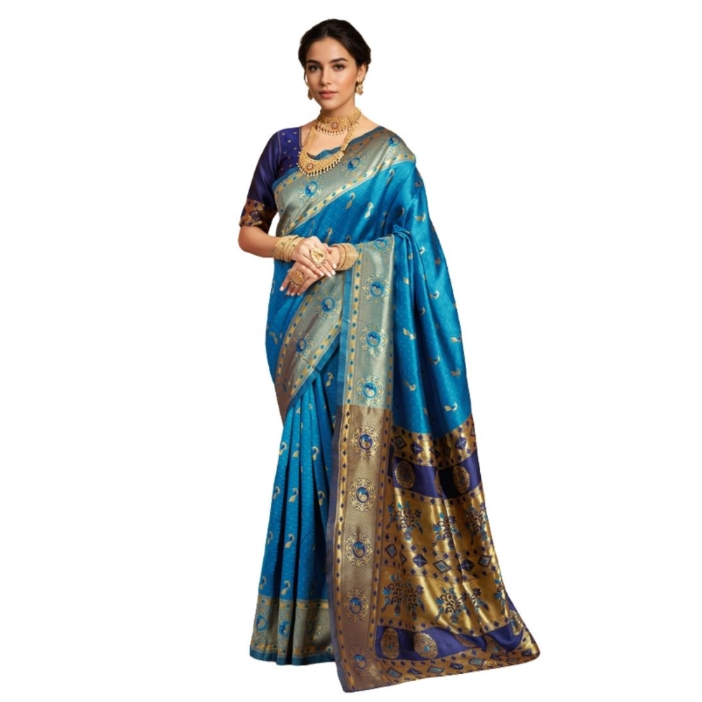 Aqua Silk Blend Zari Weaving Saree for Women