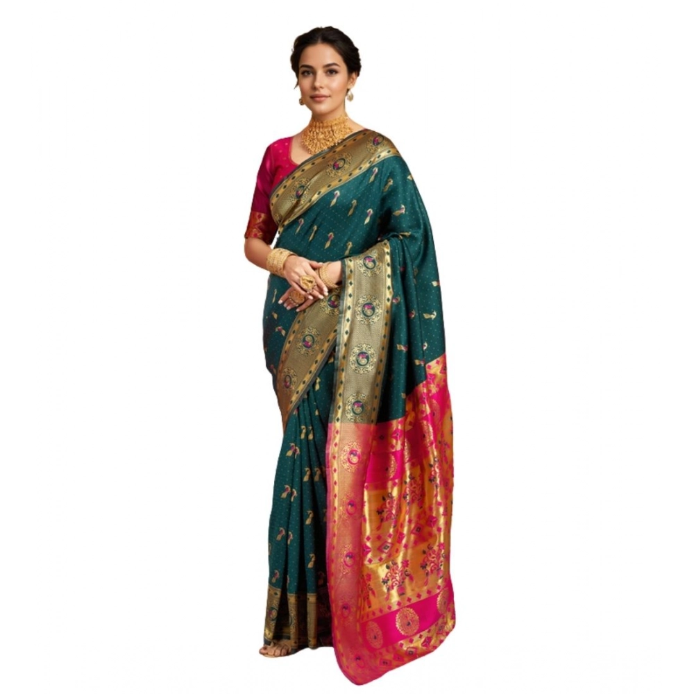 Dark Green Silk Blend Zari Weaving Saree for Women