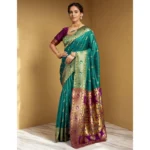 Generic Women's Silk Blend Zari Weaving Saree With Unstitched Blouse 5.5Mtr (Green) - Image 3
