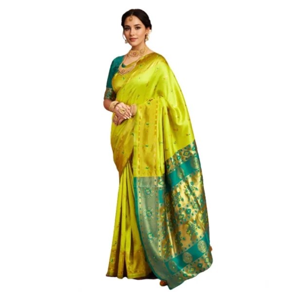 Lime Green Silk Blend Zari Weaving Saree for Women