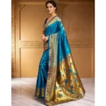 Generic Women's Silk Blend Zari Weaving Saree With Unstitched Blouse 5.5Mtr (Aqua) - Image 4
