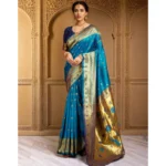 Generic Women's Silk Blend Zari Weaving Saree With Unstitched Blouse 5.5Mtr (Aqua) - Image 3