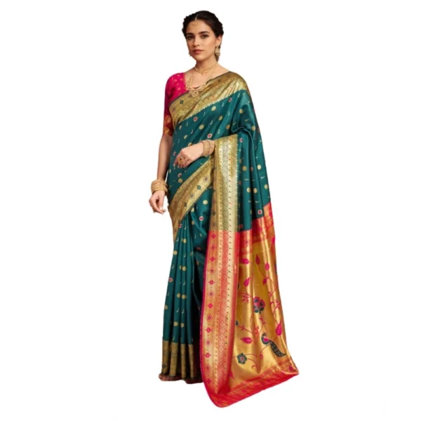 Rama Silk Blend Zari Weaving Saree with Unstitched Blouse