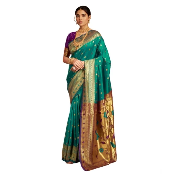 Teal Silk Blend Zari Weaving Saree with Unstitched Blouse