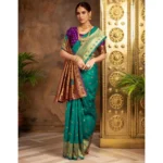Generic Women's Silk Blend Zari Weaving Saree With Unstitched Blouse 5.5Mtr (Teal) - Image 2