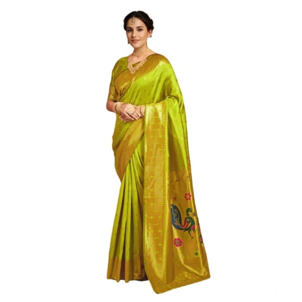 Lime Green Silk Blend Zari Weaving Saree with Unstitched Blouse