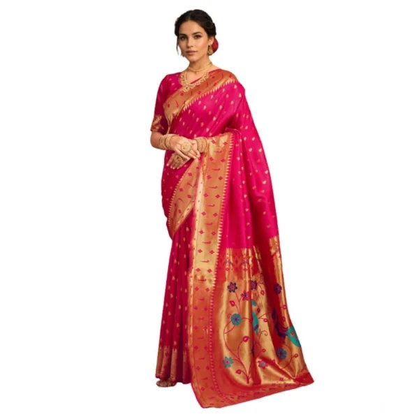Stunning Pink Silk Blend Zari Weaving Saree with Unstitched Blouse