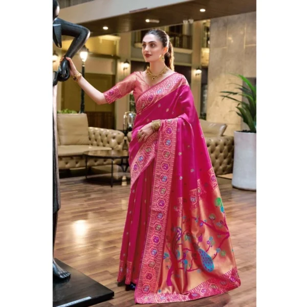 Pink Silk Blend Paithani Weaving Saree for Women