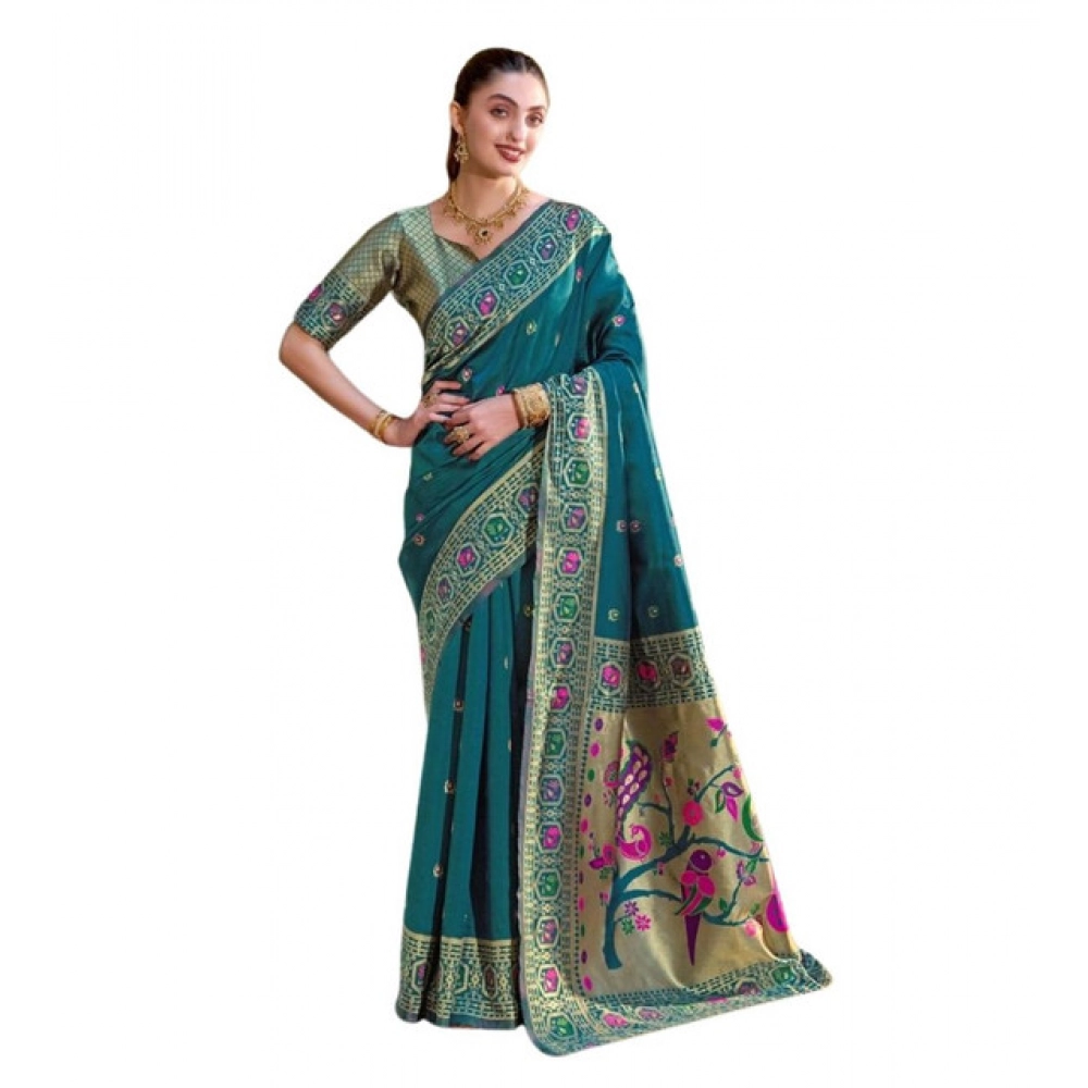 PID-62863-Generic-Women-s-Silk-Blend-Paithani-Weaving-Saree-With-Unstitched-Blouse-5-5-Mtr-Teal-1-1000x1000-1.webp Teal Silk Blend Paithani Weaving Saree for Women