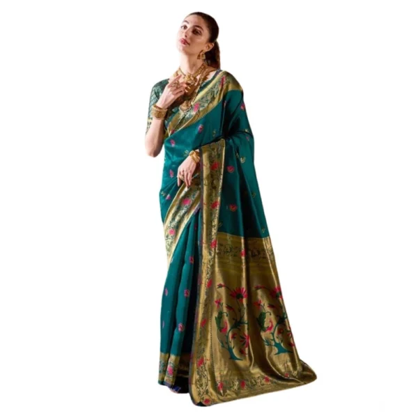Teal Silk Blend Zari Woven Saree with Unstitched Blouse