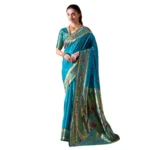 Turquoise Silk Blend Zari Woven Saree with Unstitched Blouse