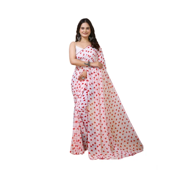 White and Red Georgette Printed Saree for Women