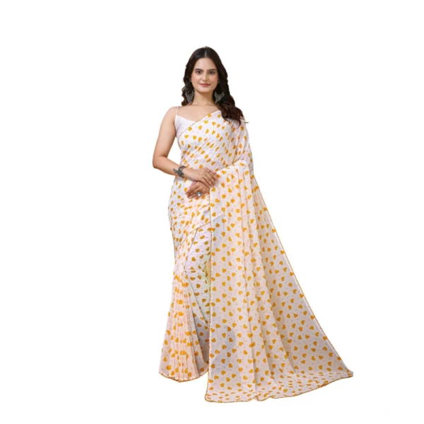 White and Yellow Georgette Printed Saree for Women